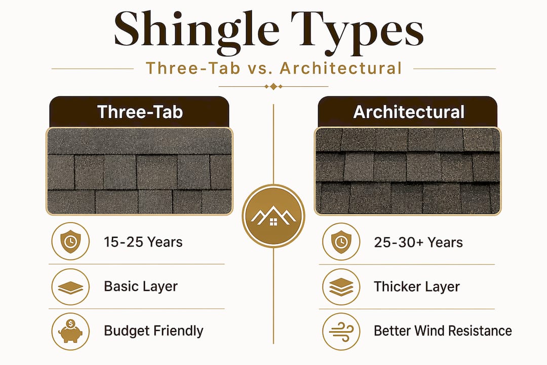 Infographic comparing three-tab and architectural shingles
