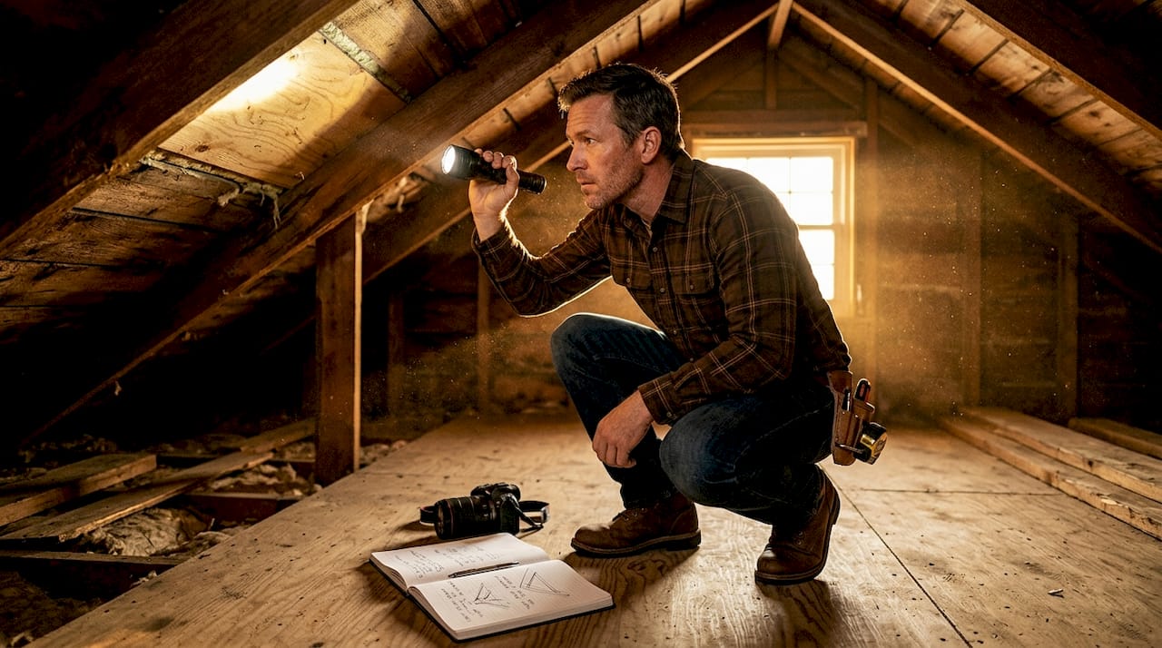 Home inspector examining attic roof decking