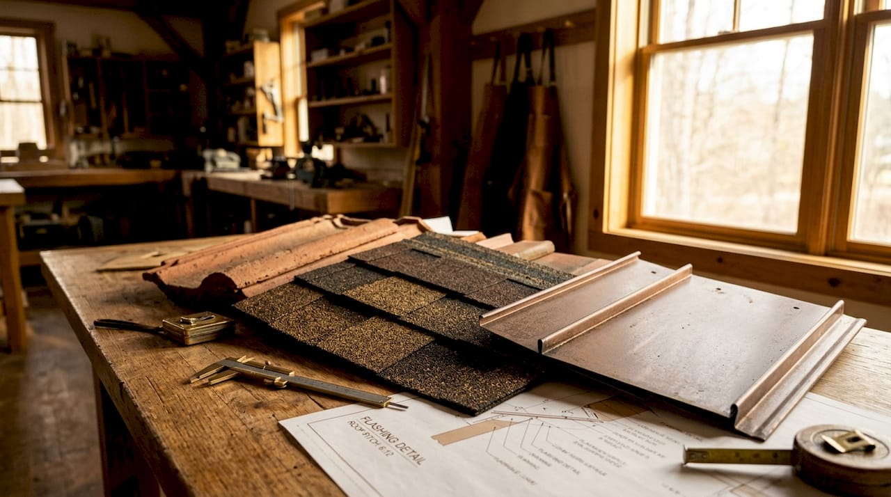 Assortment of roofing material samples on table