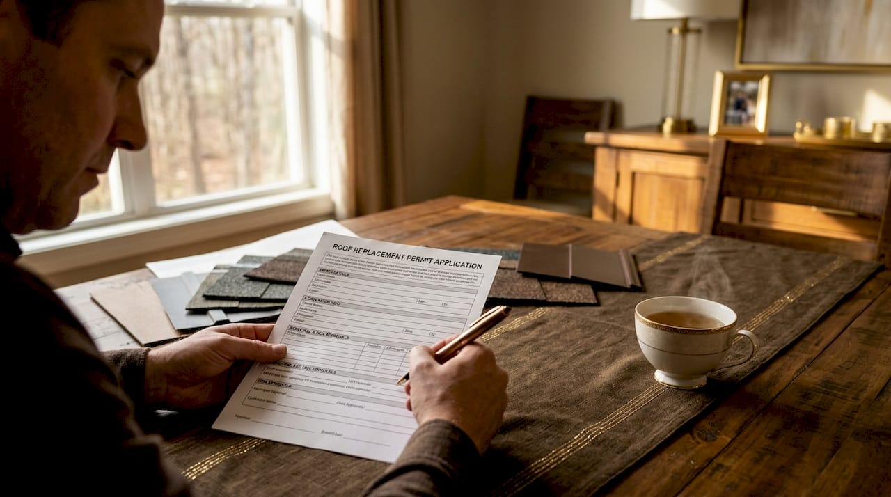 Homeowner filling roof replacement permit application