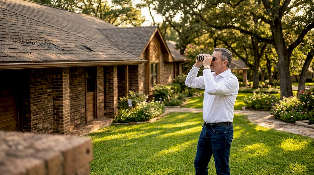Homeowner inspecting roof with binoculars