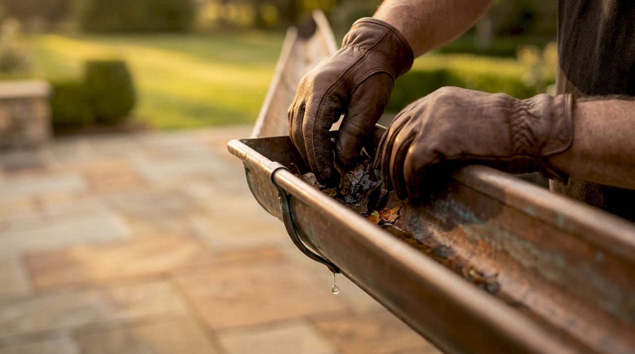 Close-up of hands checking gutter condition