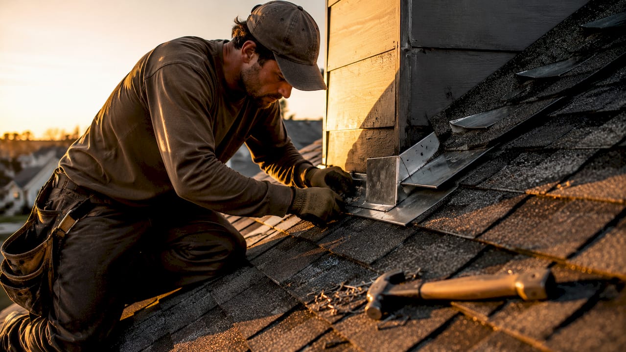 Close-up hands fixing roof flashing under shingles