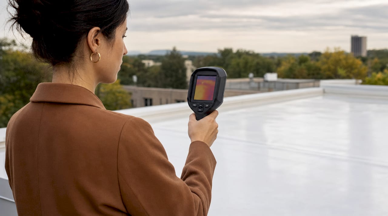 Engineer using thermal camera on reflective roof
