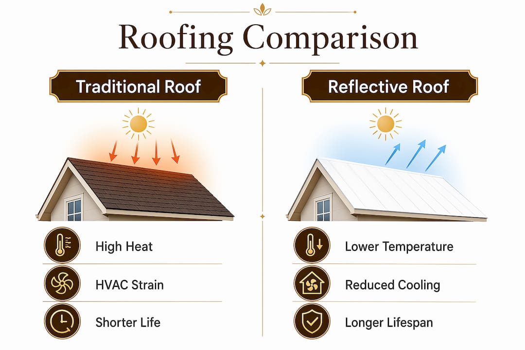 Infographic comparing reflective and traditional roofs