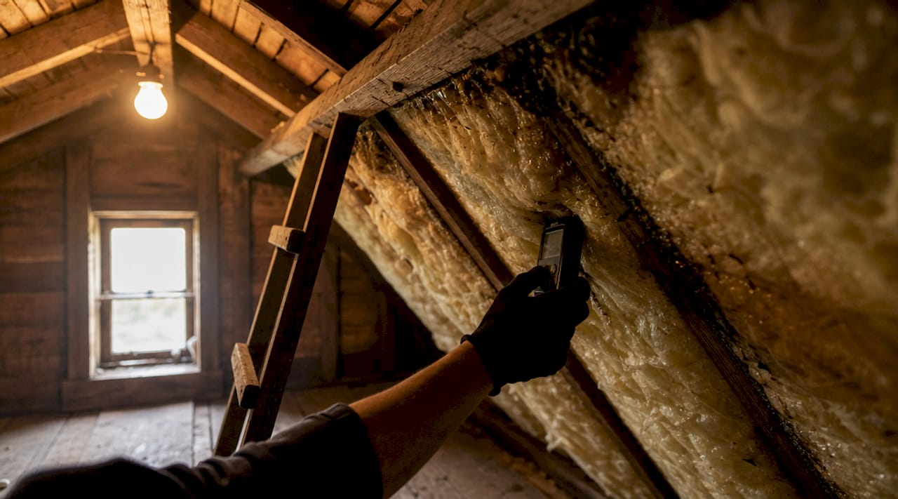 Damp attic insulation with moisture meter reading