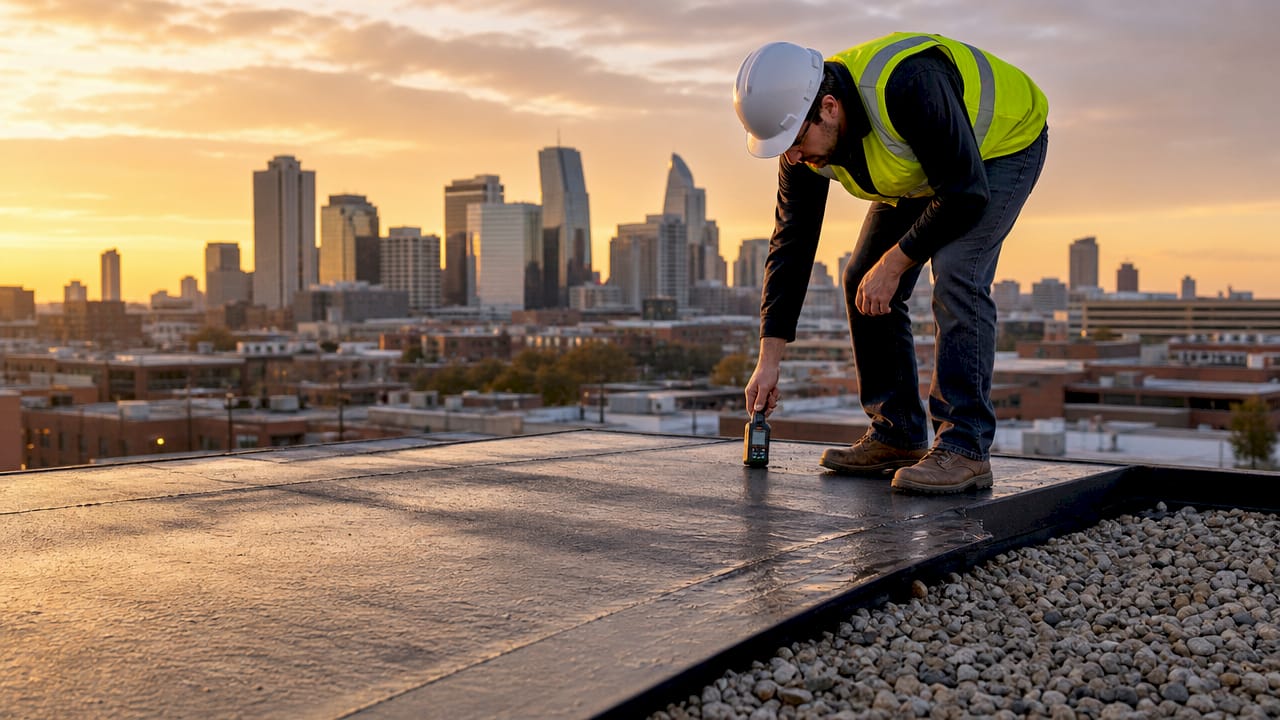 Roof inspector checking roofing membrane on site