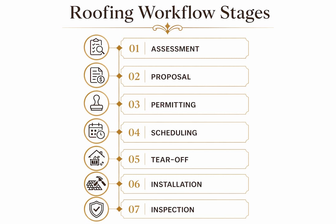 Infographic showing seven stages of commercial roofing workflow