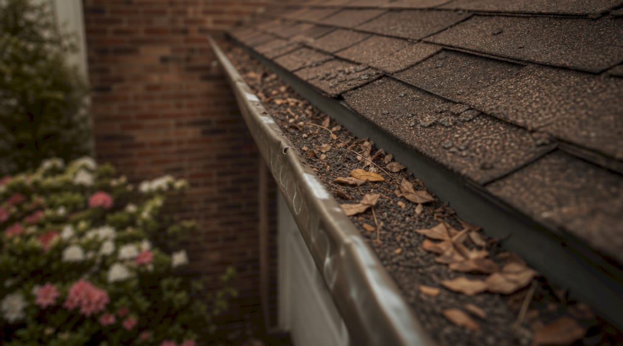 Granule accumulation and dents in gutter after hail
