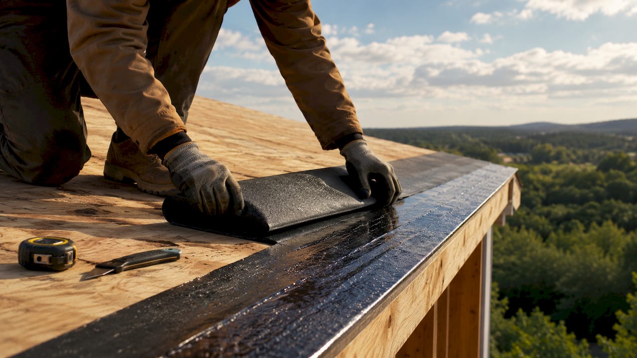 Hands installing ice and water barrier membrane