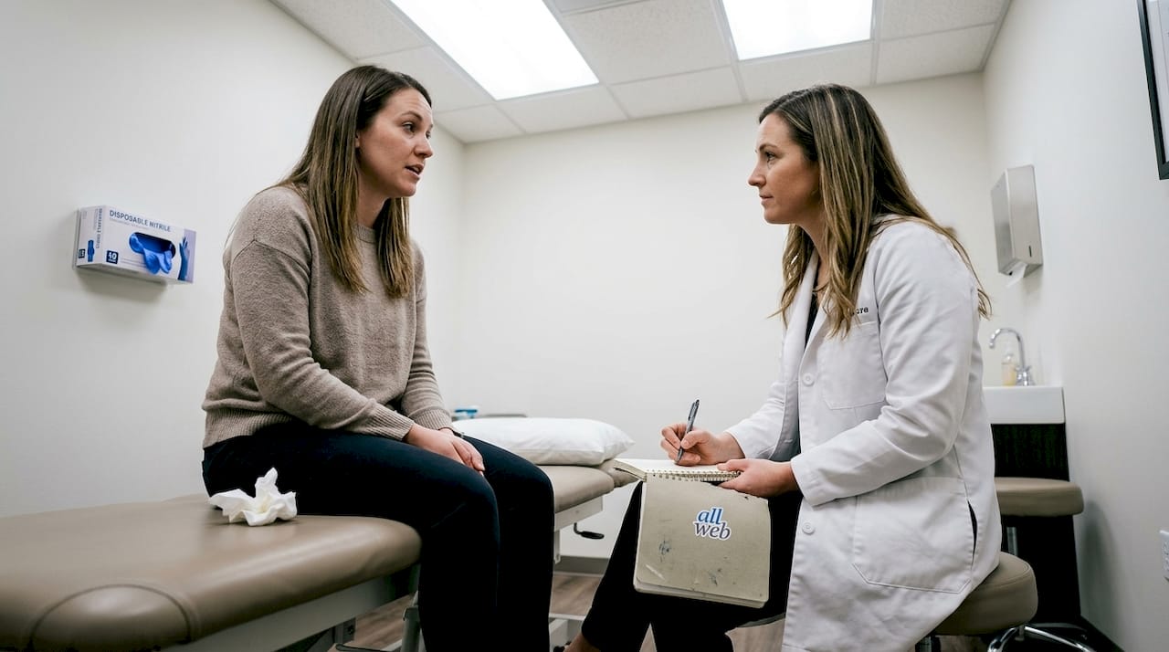 Patient explaining injury to chiropractor in clinic