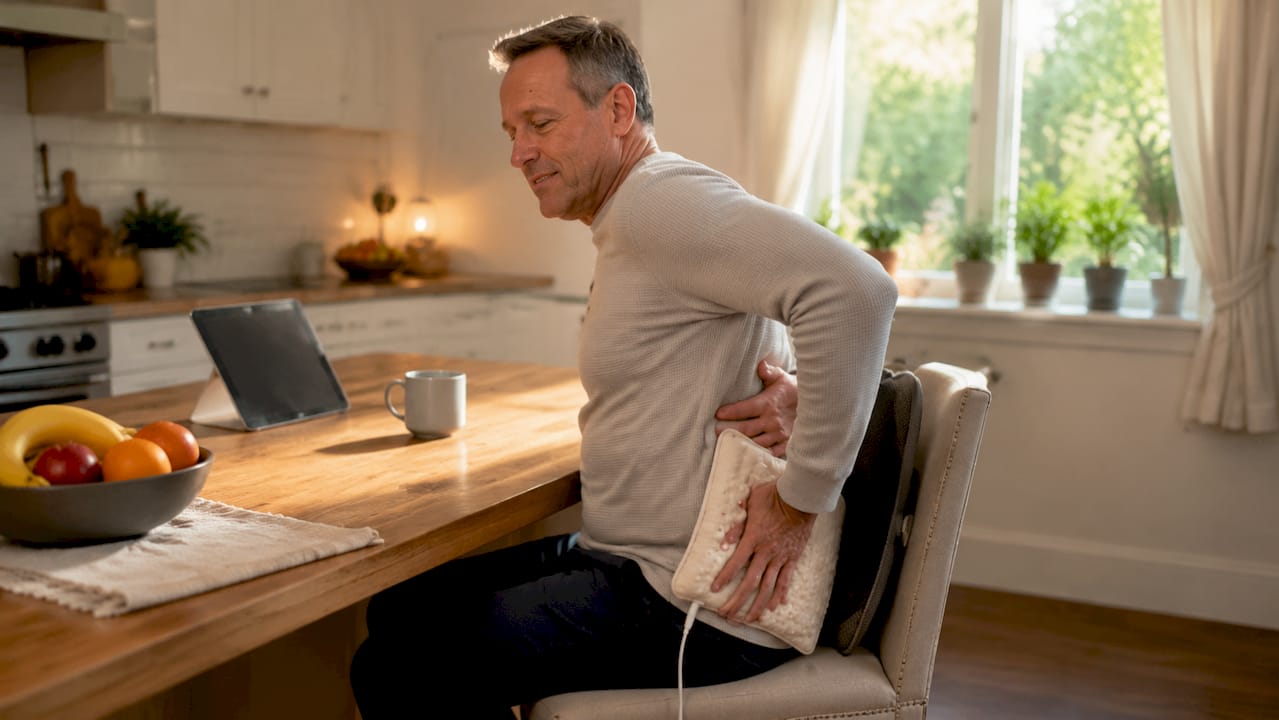 Man using heating pad for back pain relief at home