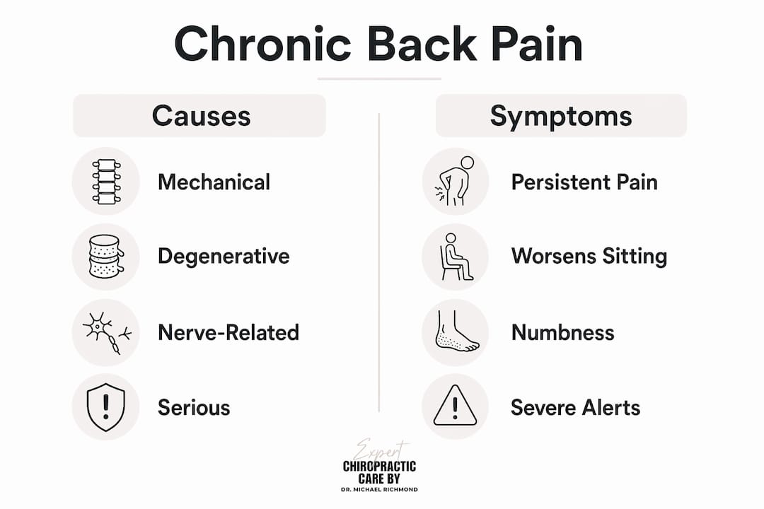 Infographic outlining chronic back pain causes and symptoms