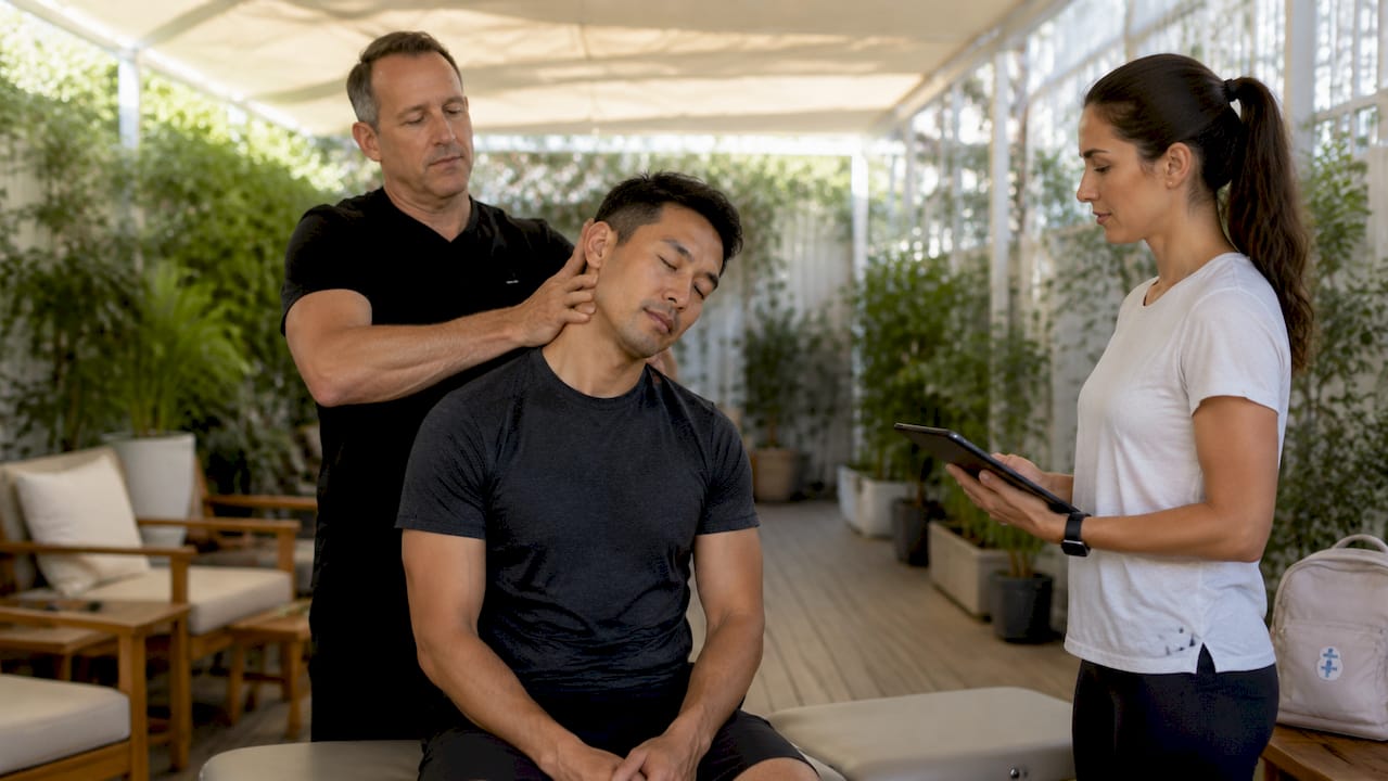 Chiropractor and therapist treating patient in clinic