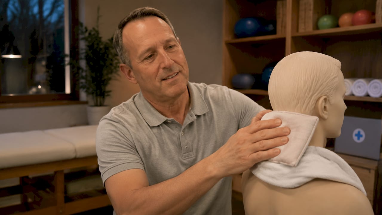 Physical therapist demonstrating heat pack use