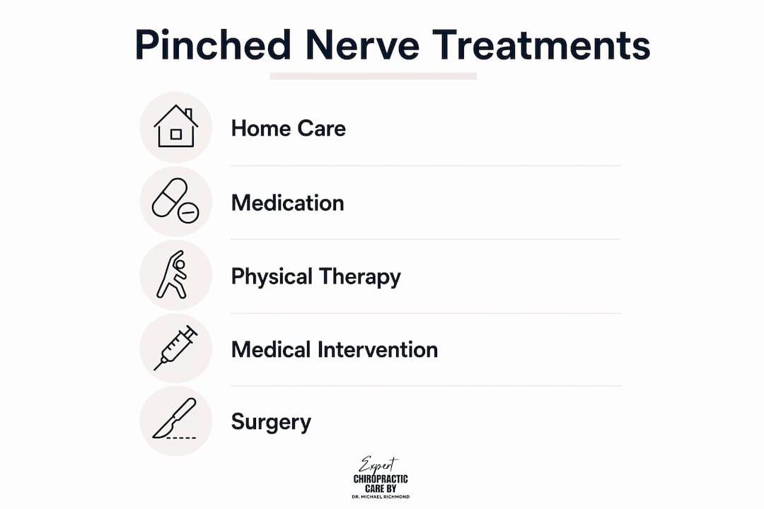 Infographic illustrating five progressive treatment stages for pinched nerves