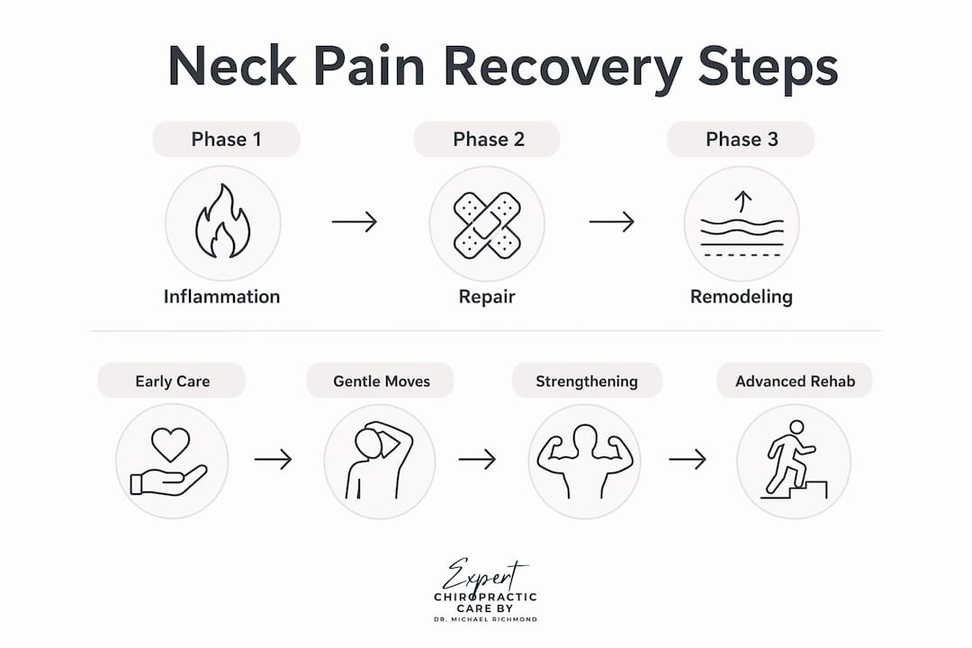 Infographic illustrating stepwise neck pain recovery stages