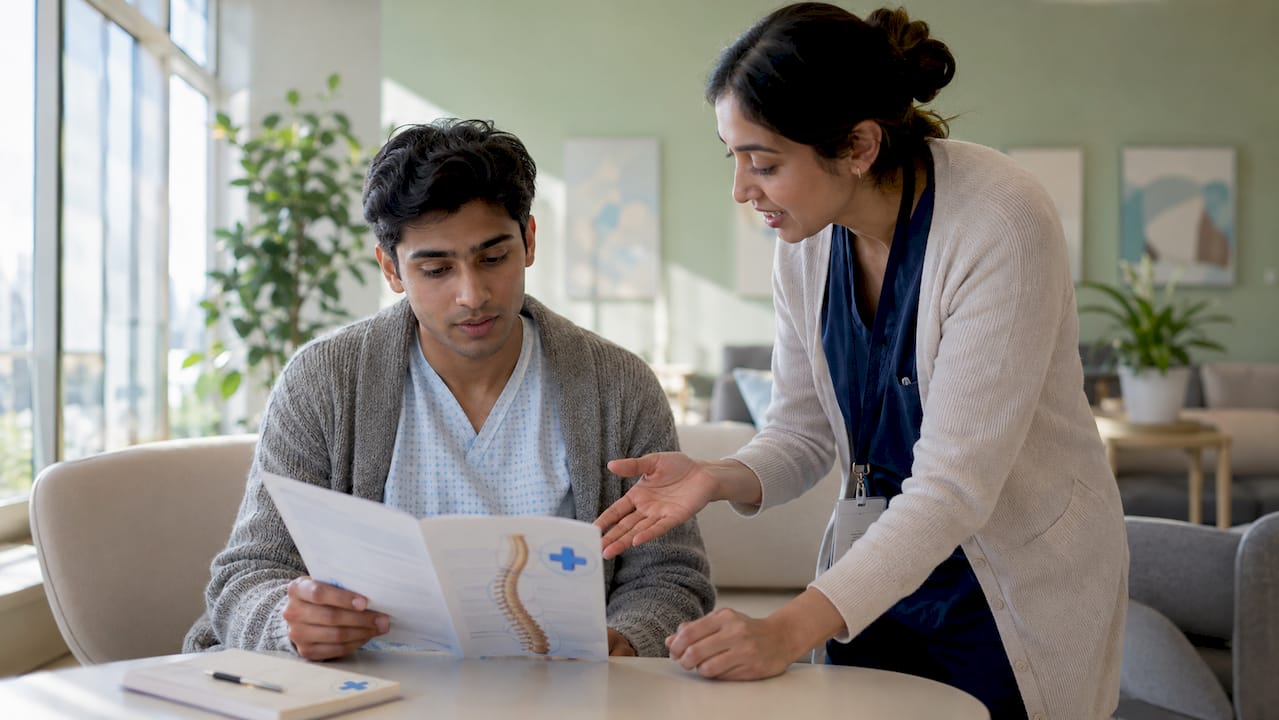 Patient discussing preoperative education with nurse
