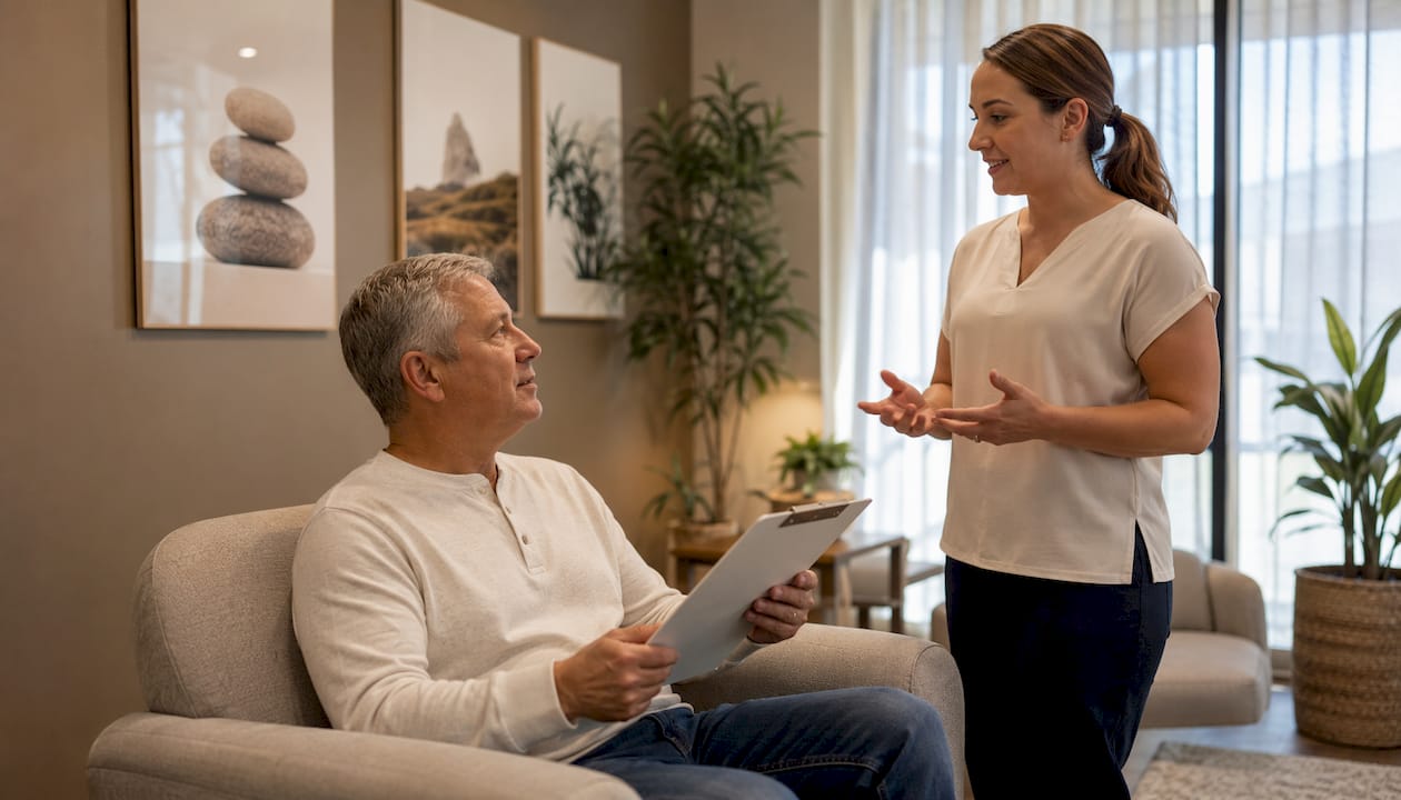 Patient completing intake process in chiropractic clinic office