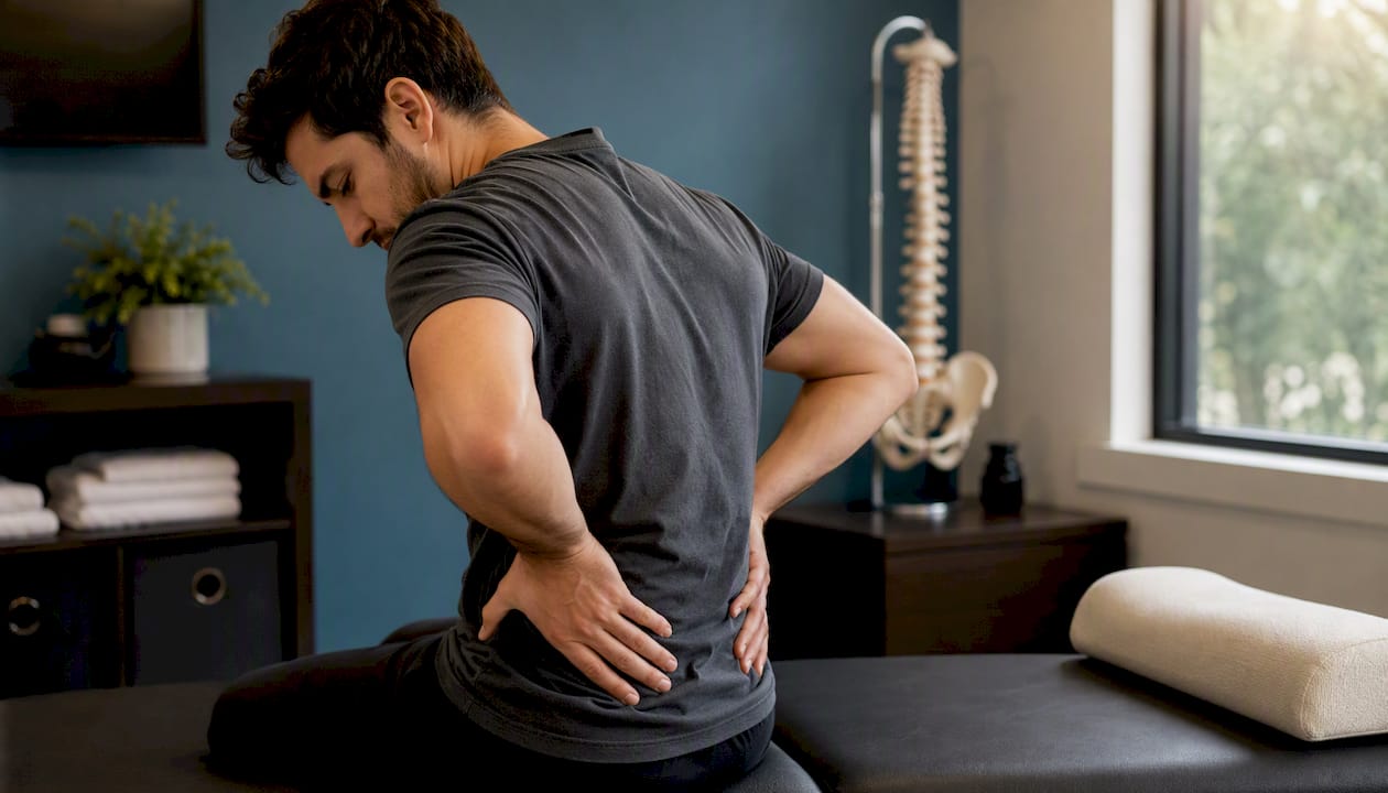 Person sitting with hand on lower back in pain