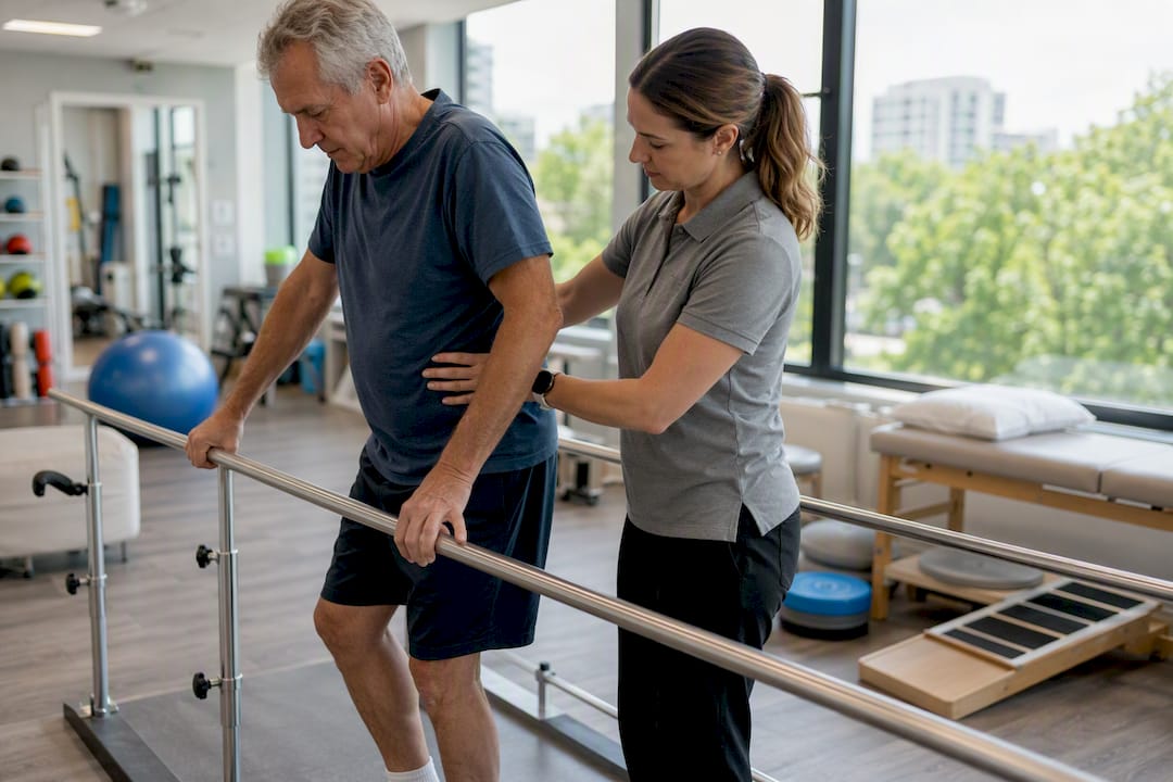 Patient walking with therapist support in rehab