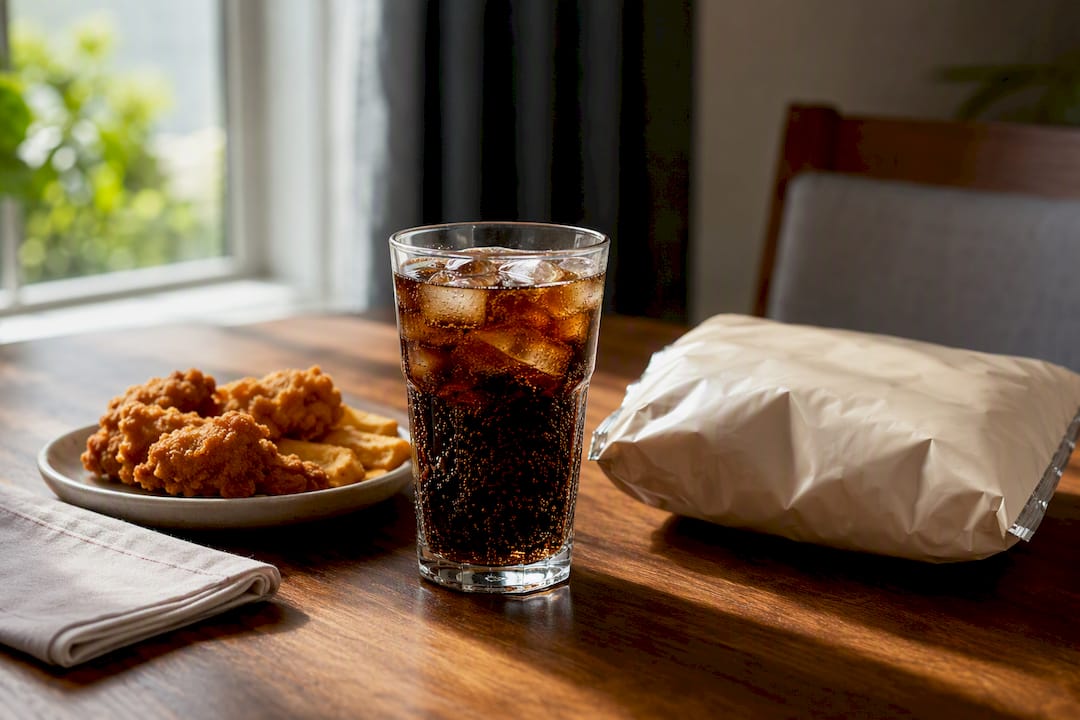 Sugary drink and fried foods on table