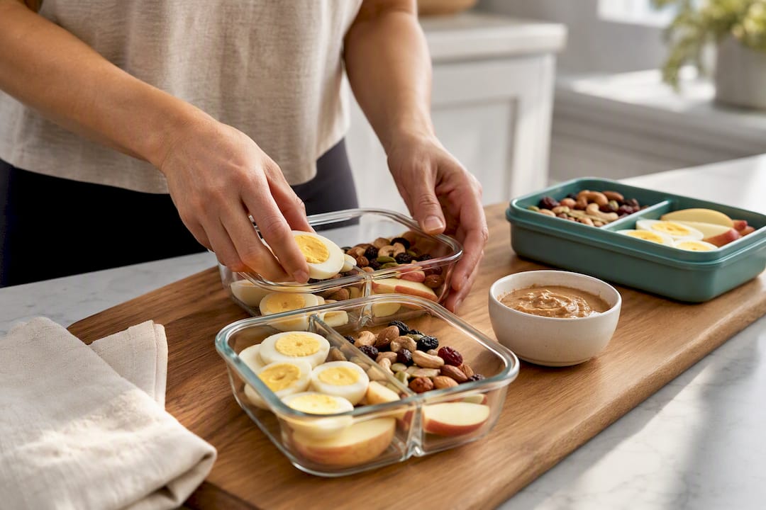Portable eggs fruit and trail mix snacks