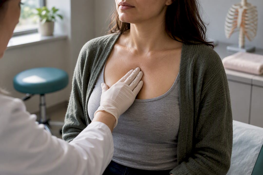 Clinician assessing tenderness over breastbone