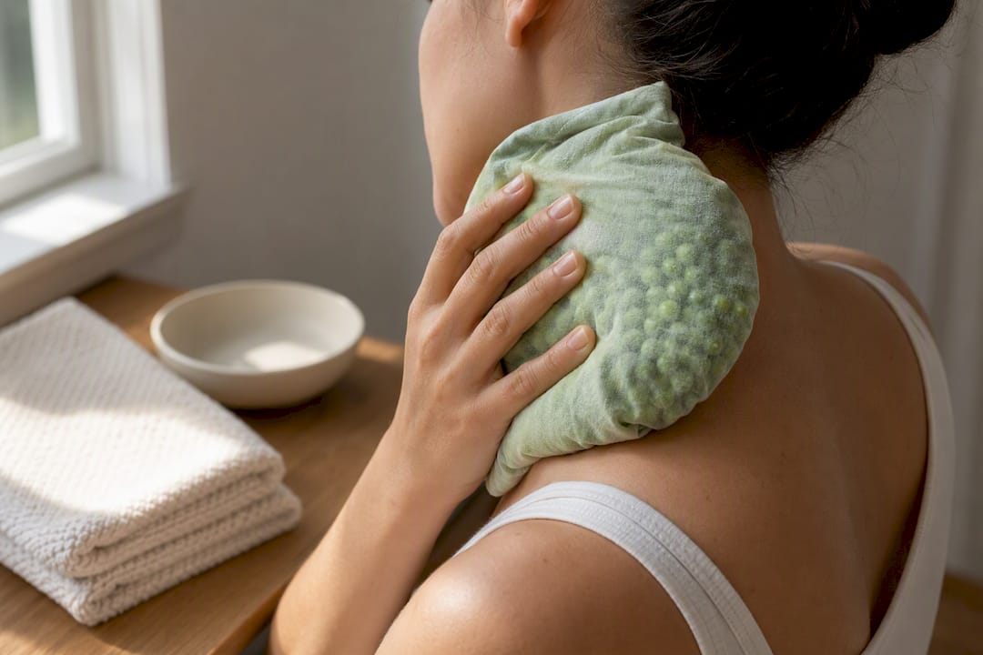 Cloth-wrapped frozen peas on neck