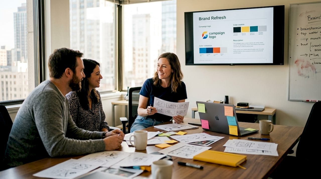 Designer reviewing ad storyboard in agency meeting