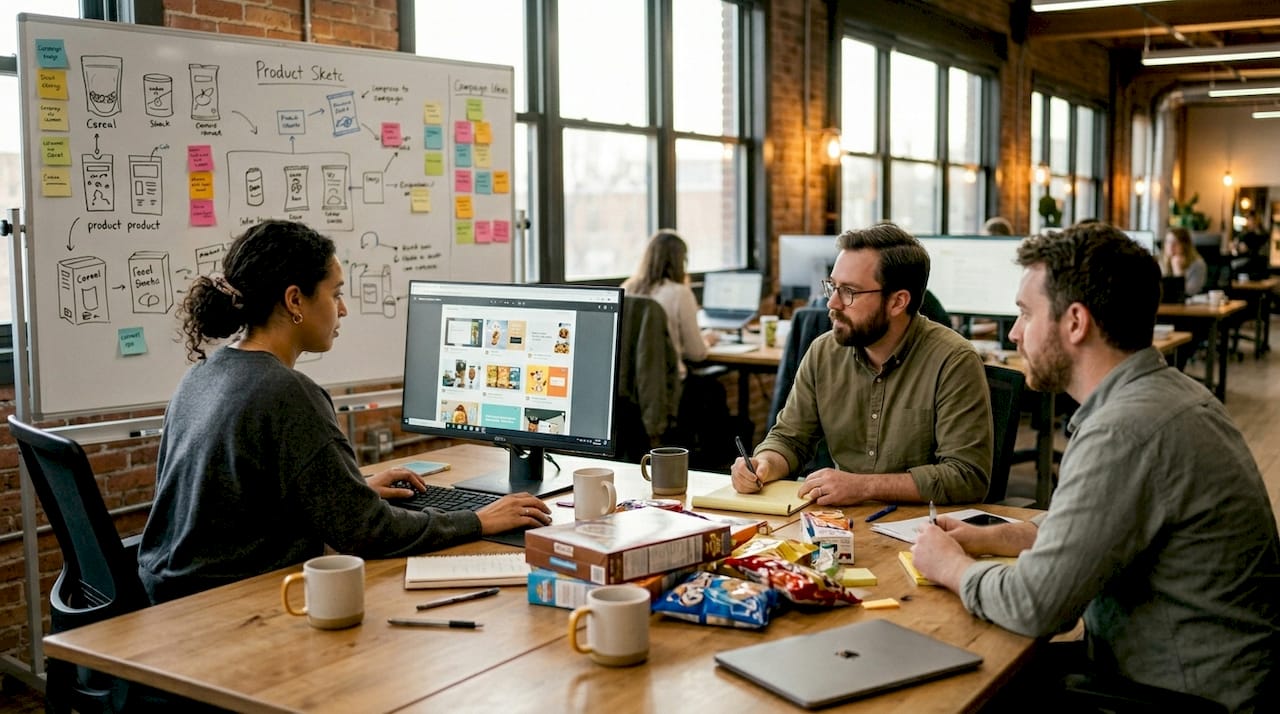 Creative team reviewing FMCG workflow assets