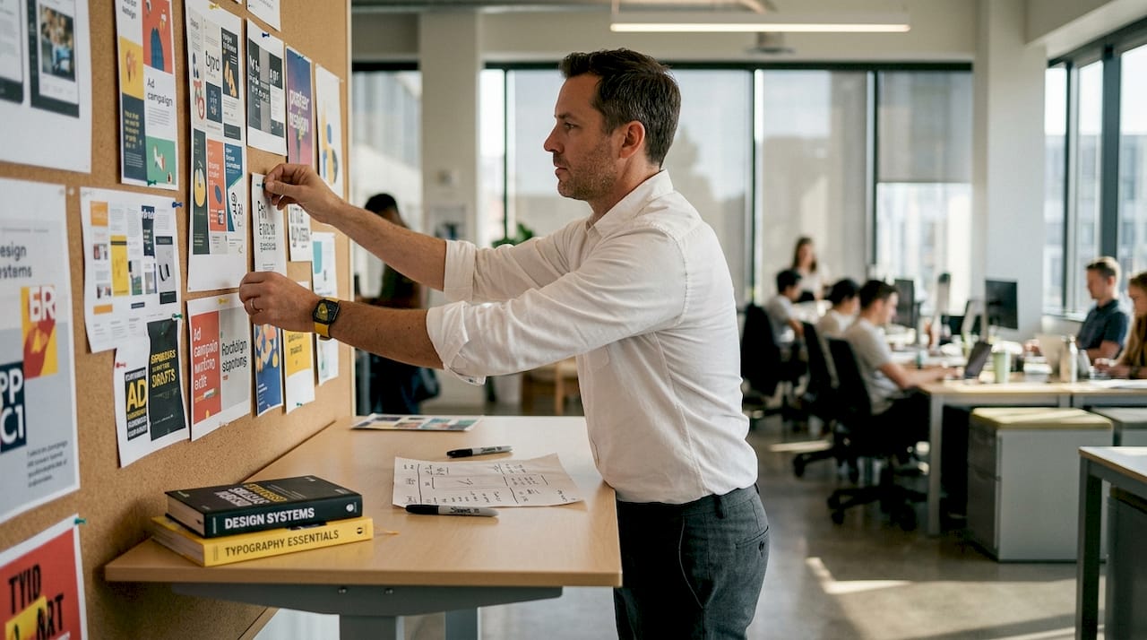 Art director arranging ad mockups at workspace