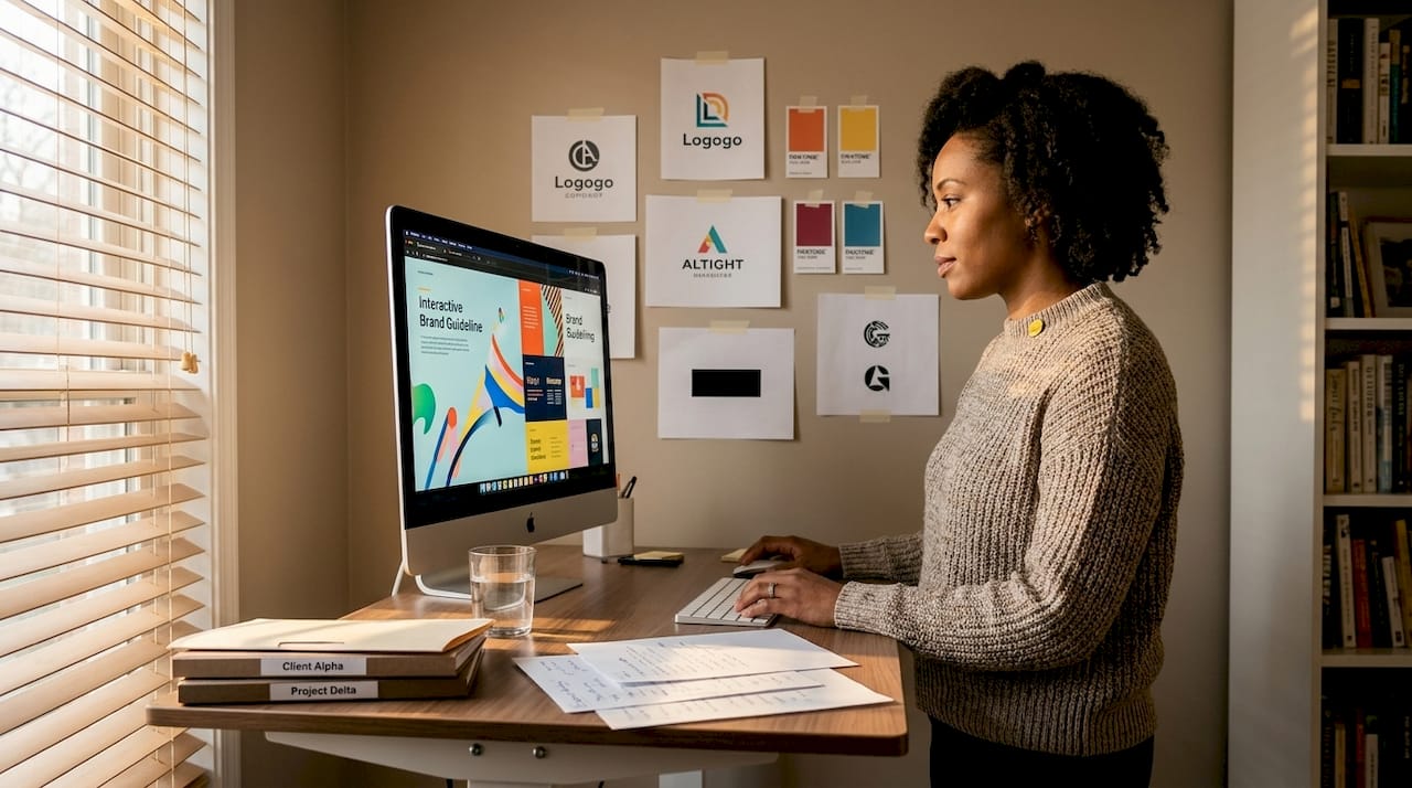 Designer reviewing brand kit guidelines on computer
