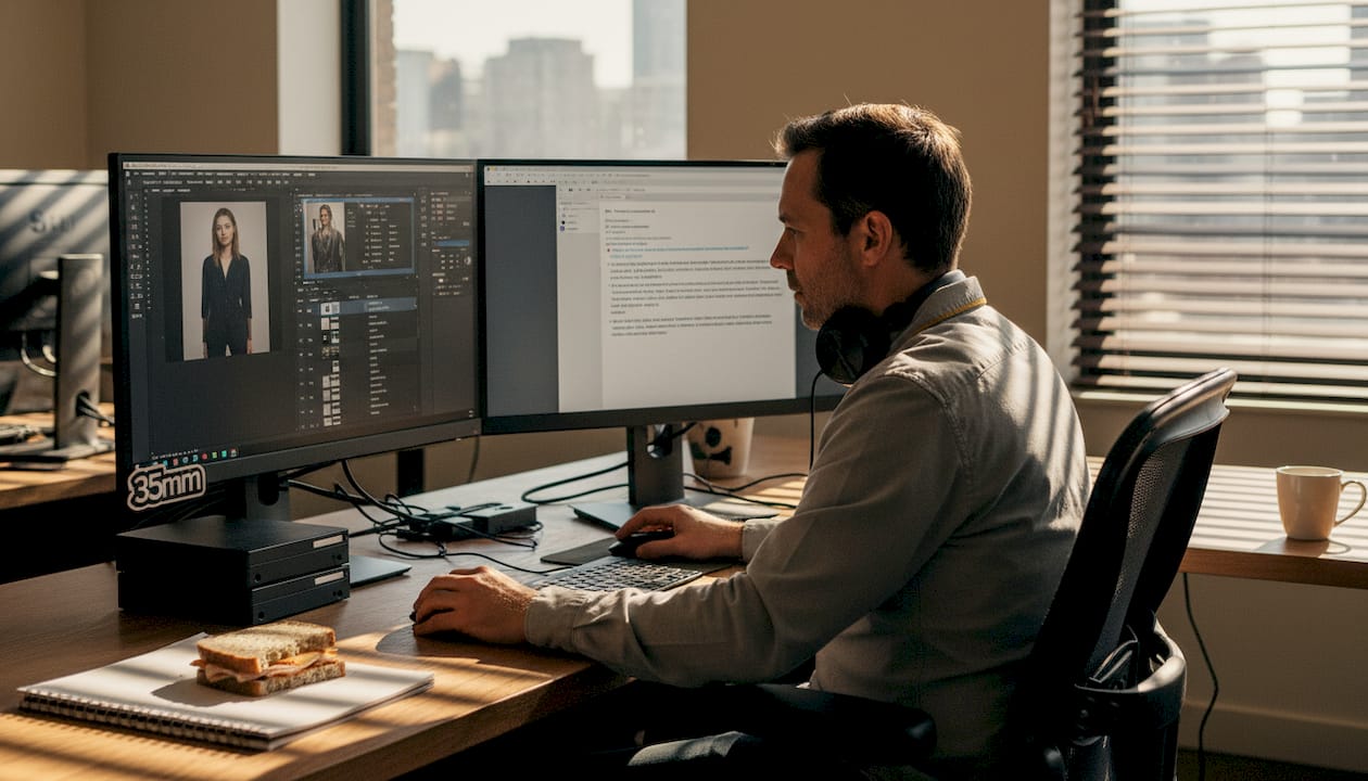 Editor multitasking at post-production desk