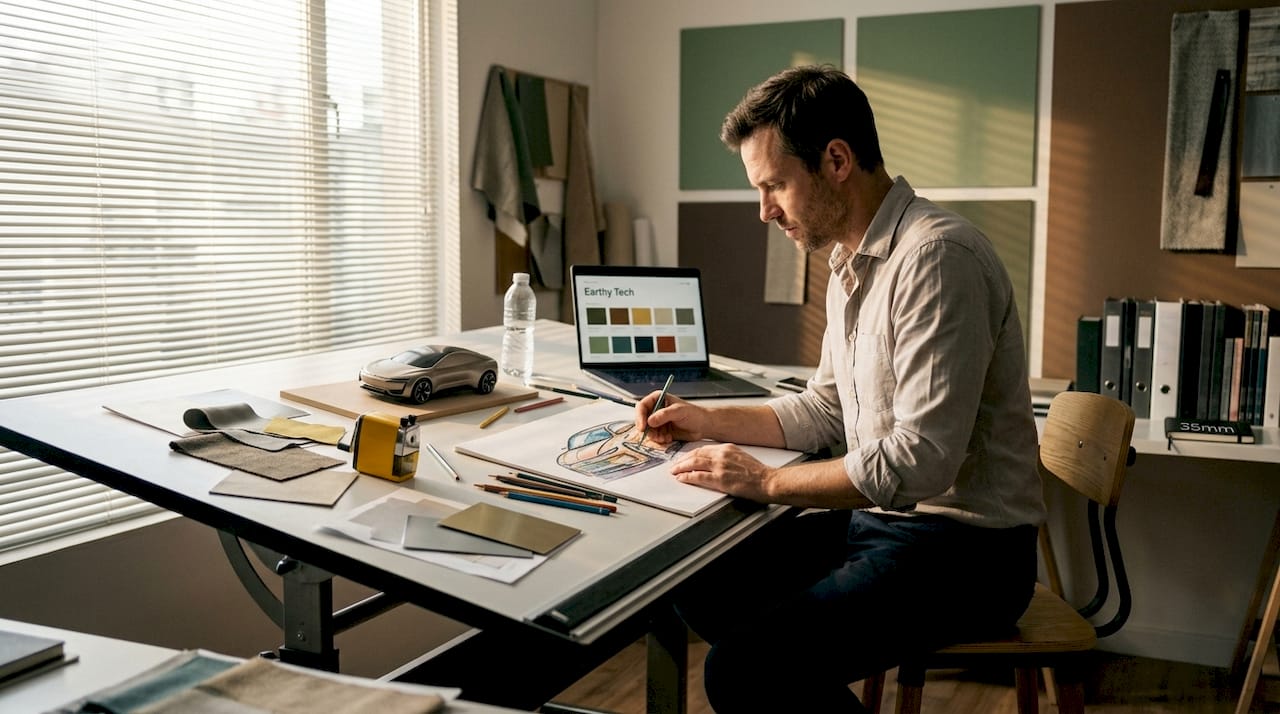 Designer sketching with earthy automotive palettes