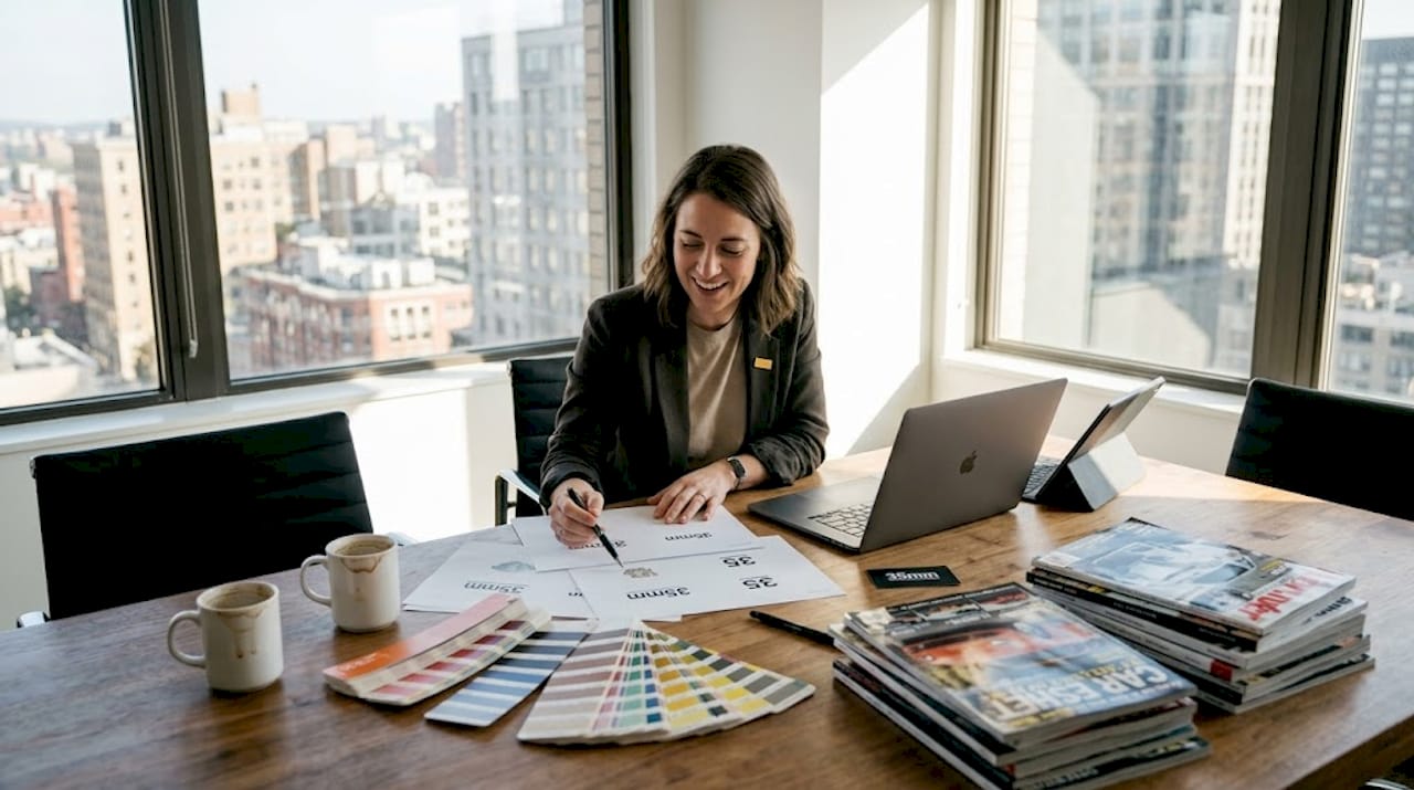 Brand strategist reviews logo options at conference table
