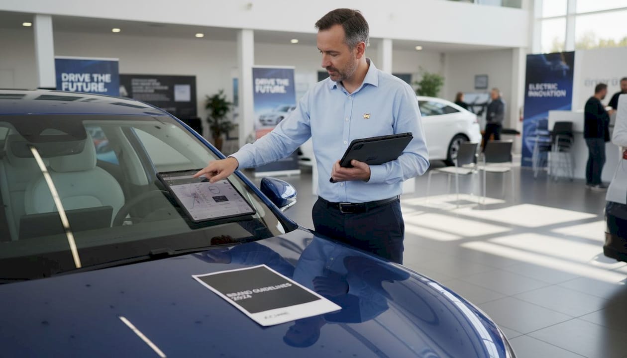 Marketing manager checks brand guidelines in showroom