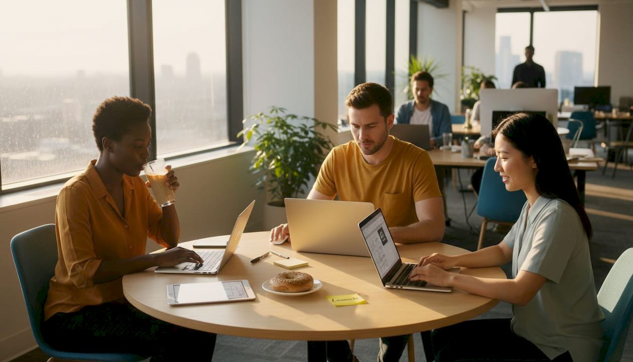 Marketing team working in open office workspace