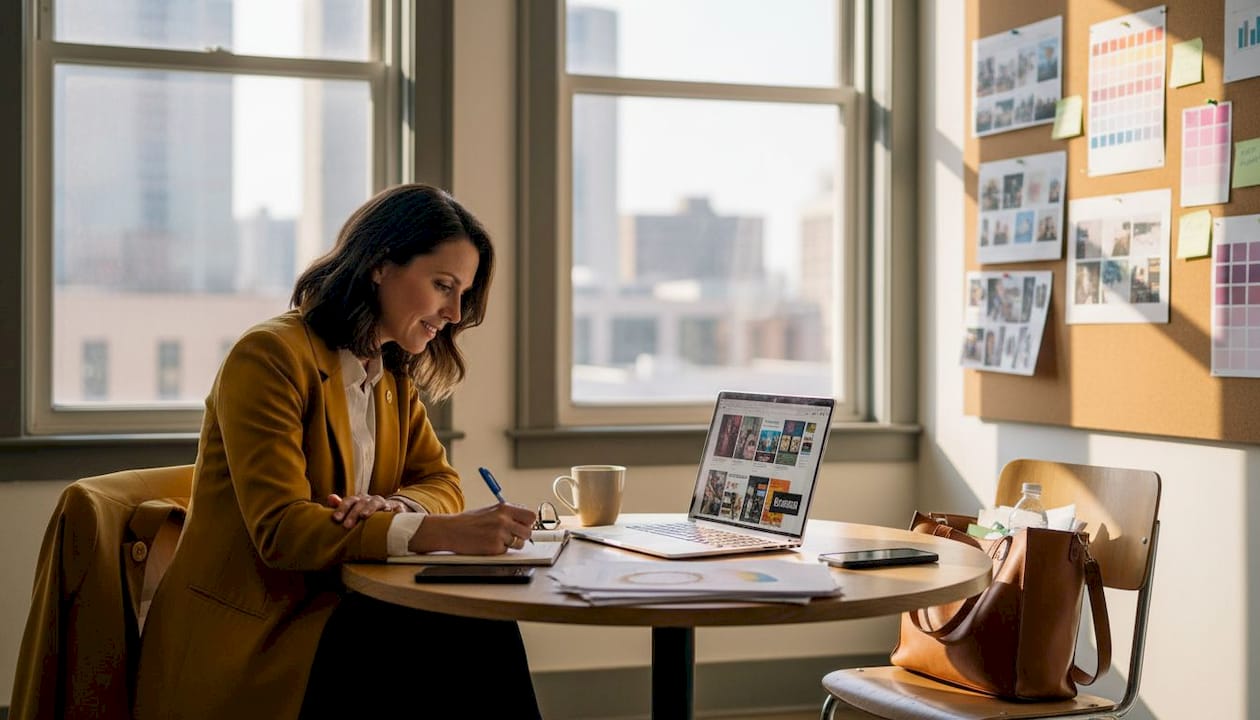 Manager reviewing campaign visuals in sunlit office