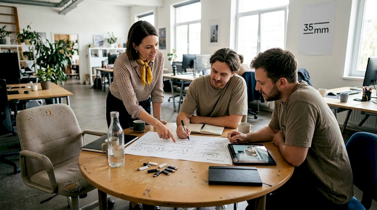 Team reviewing storyboard and 3D render