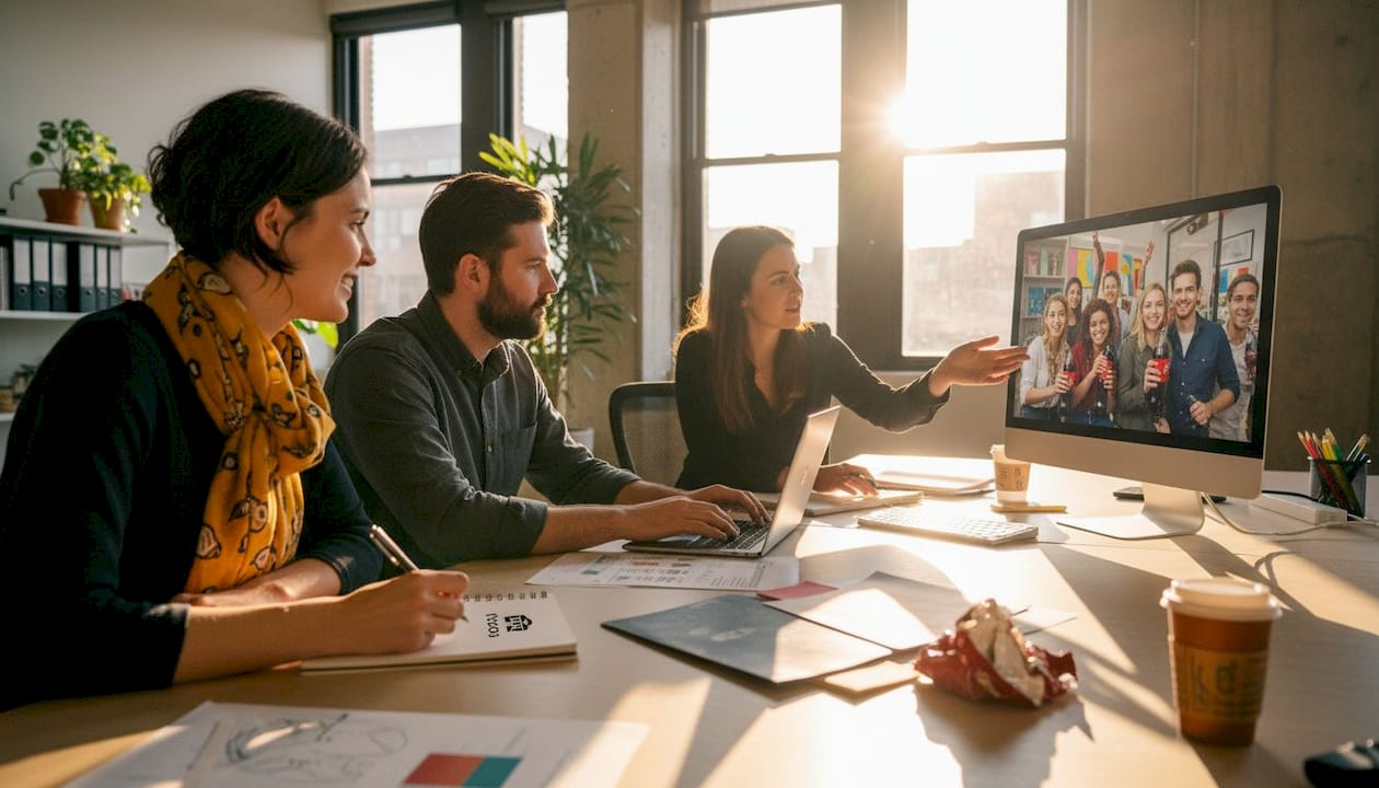 Team reviewing ad campaign video footage