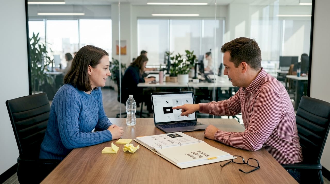 Team reviewing printed brand design system