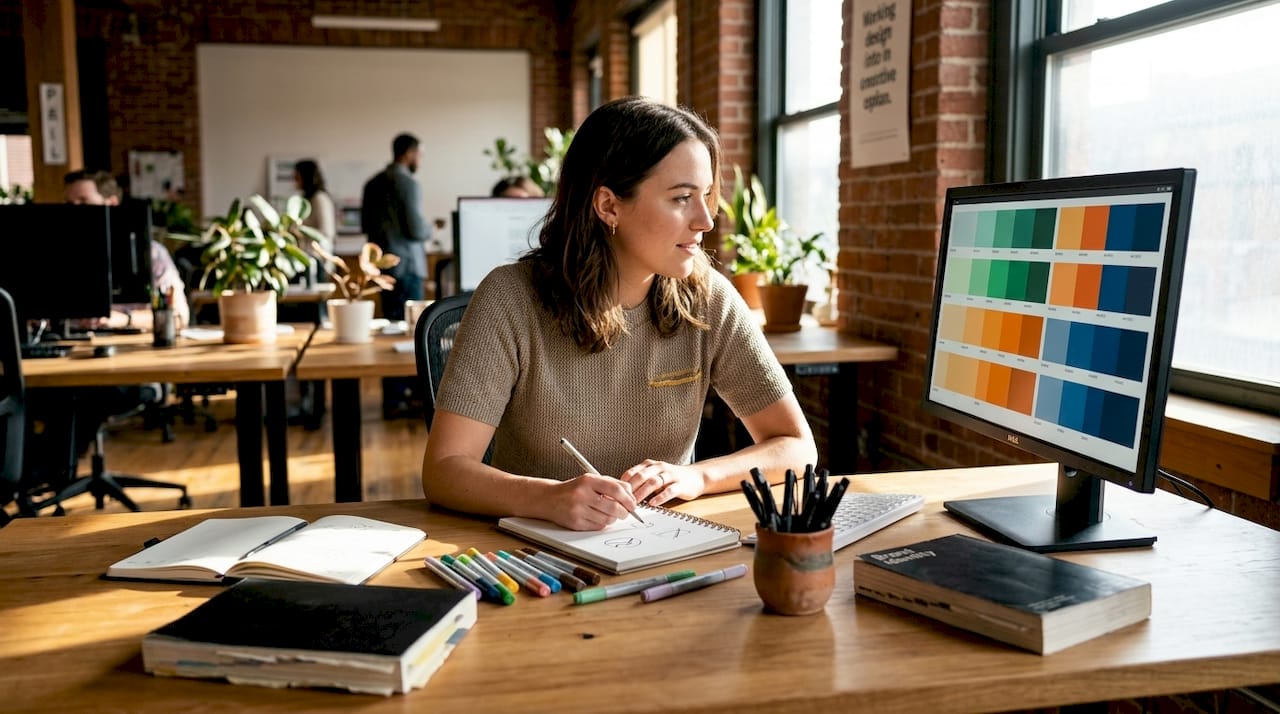 Designer sketching branding concepts at workspace