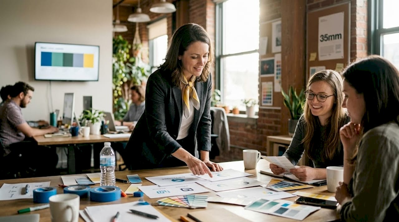 Team reviewing branding materials at large desk