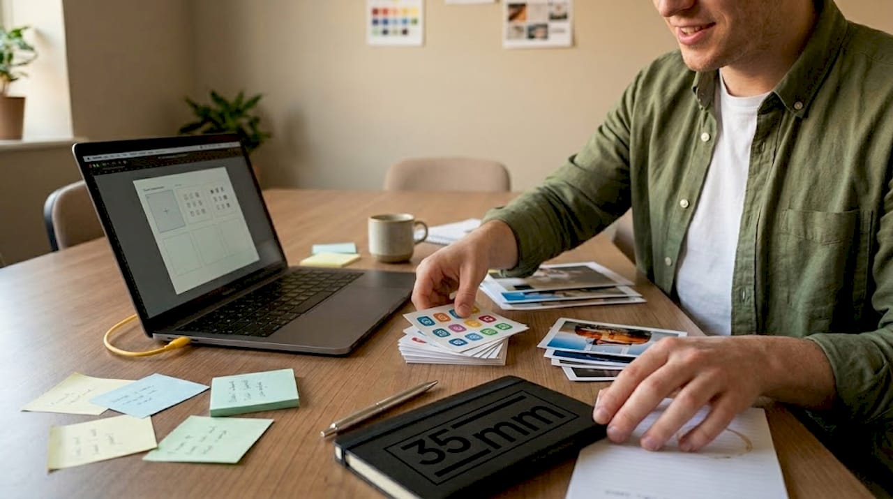 Hands sorting branding assets on conference table