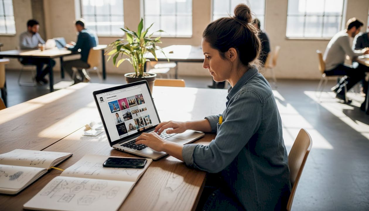 Marketer reviewing visual content on laptop