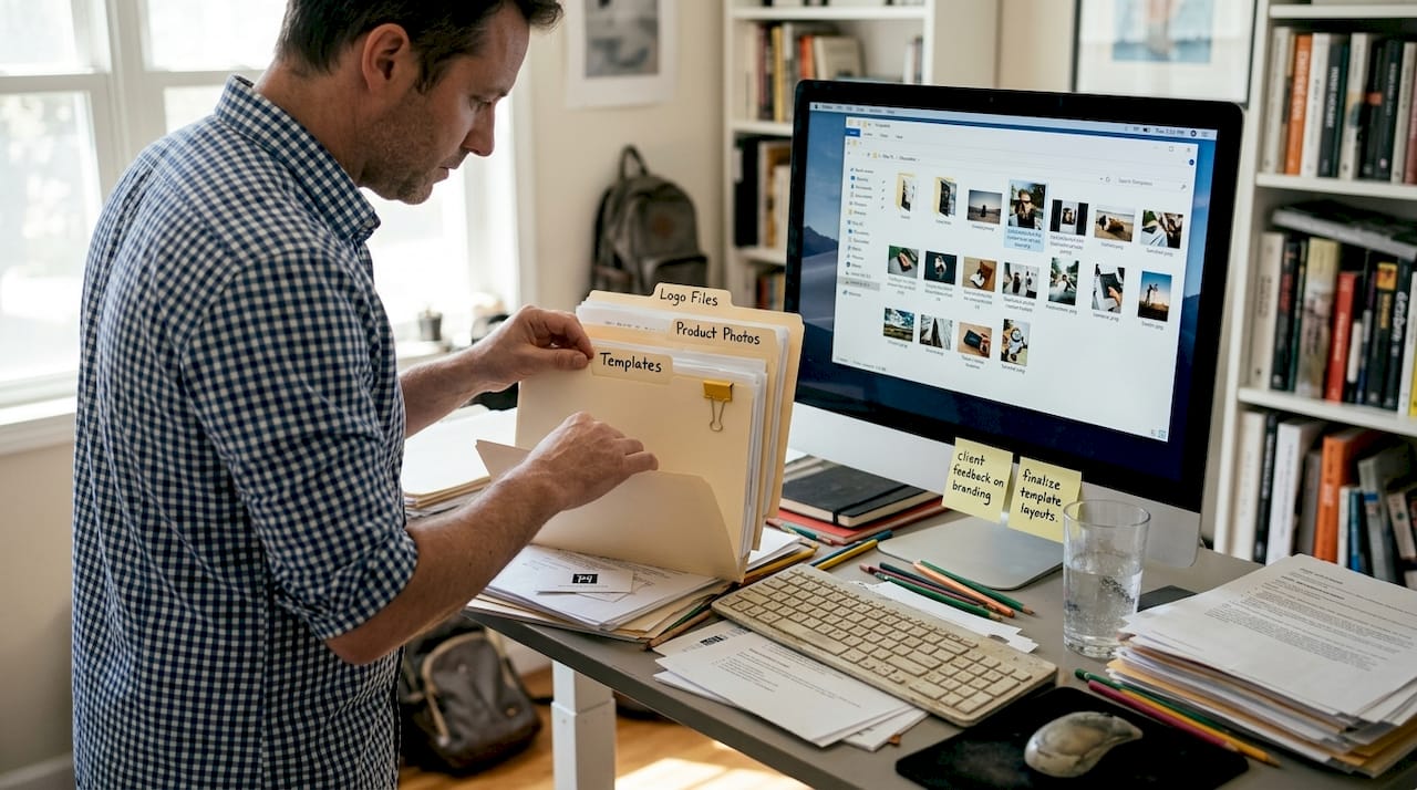 Creative sorting digital brand assets at desk