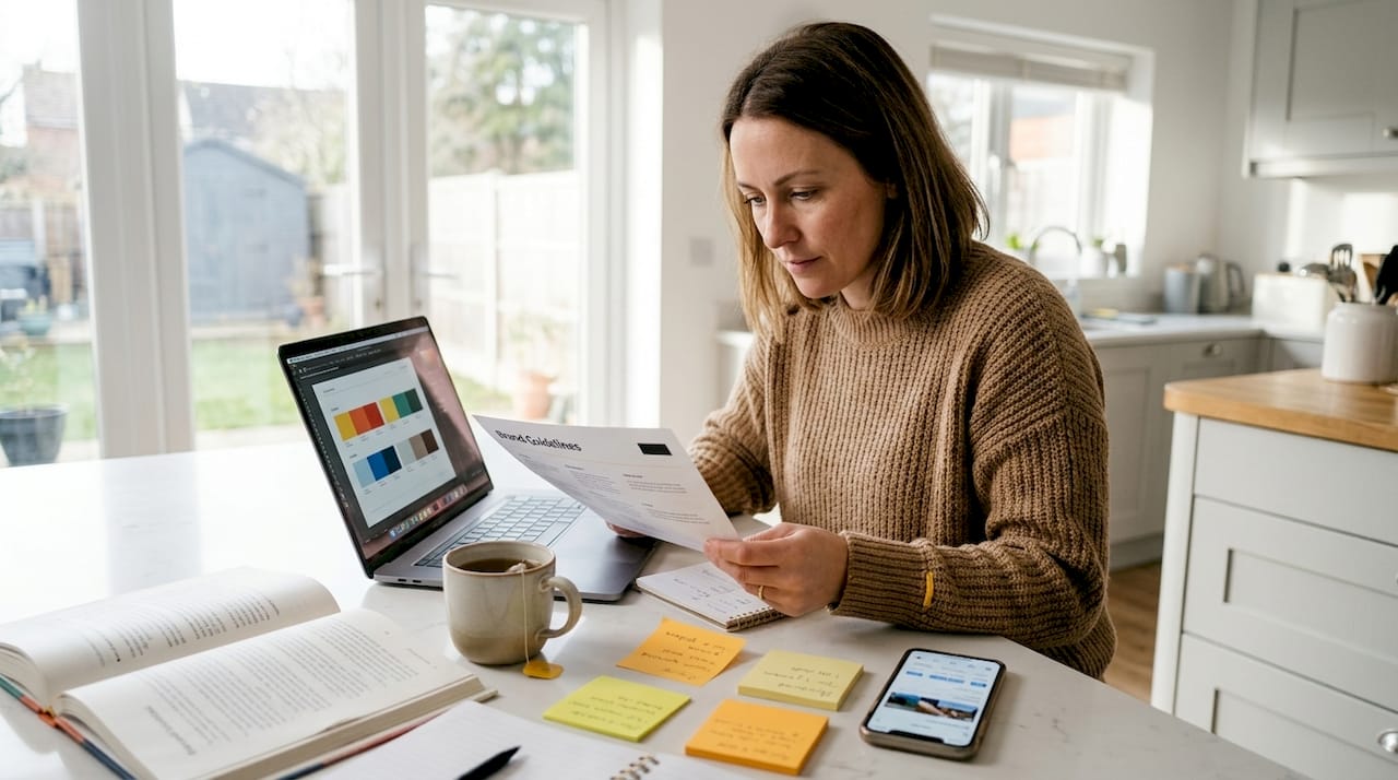 Marketer reviewing brand visuals at kitchen table