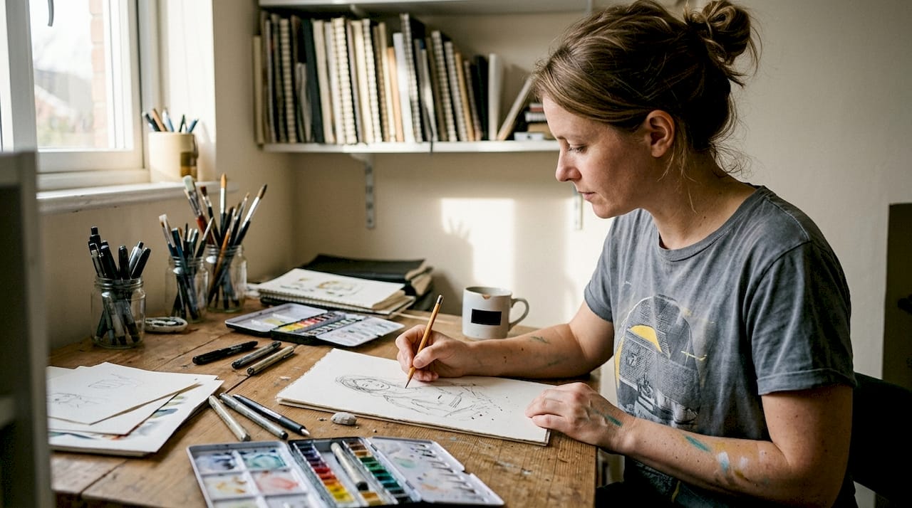 Illustrator sketching imperfect artwork at desk