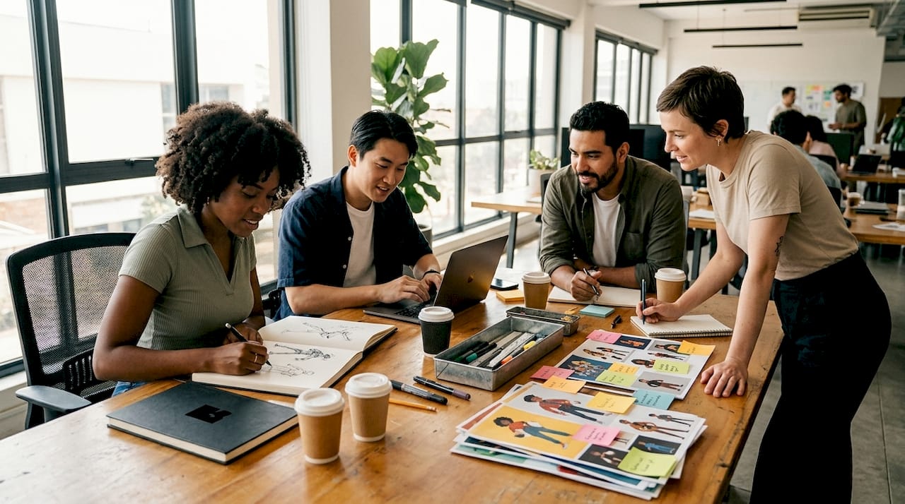 Creative professionals brainstorming illustration styles